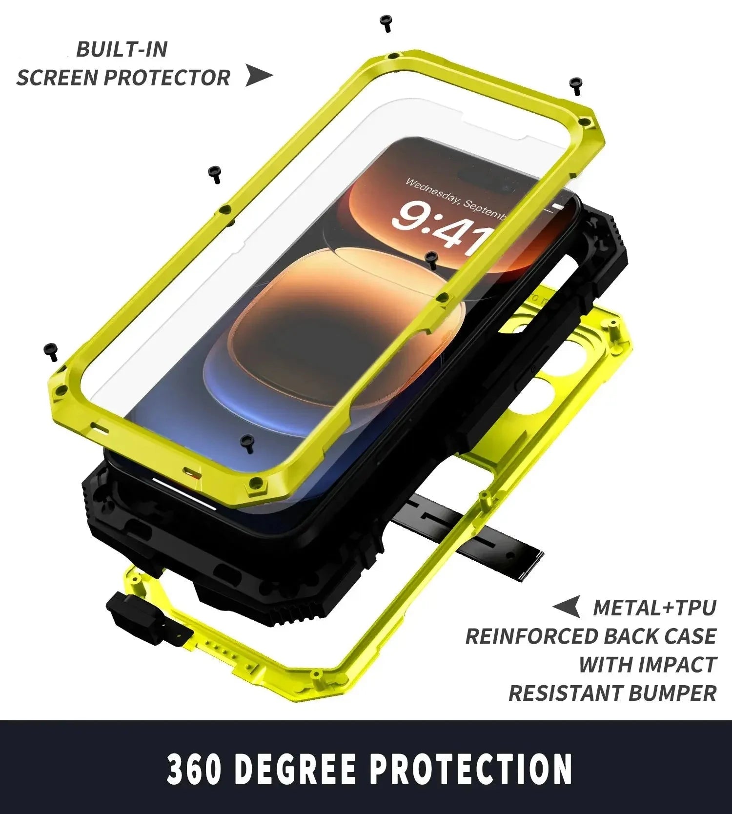 For iPhone 16 Pro Max 16 Plus Case Screw Bumper Metal Phone Case Built-in Kickstand Heavy Duty Shockproof Cover Screen Protector Pinnacle Luxuries